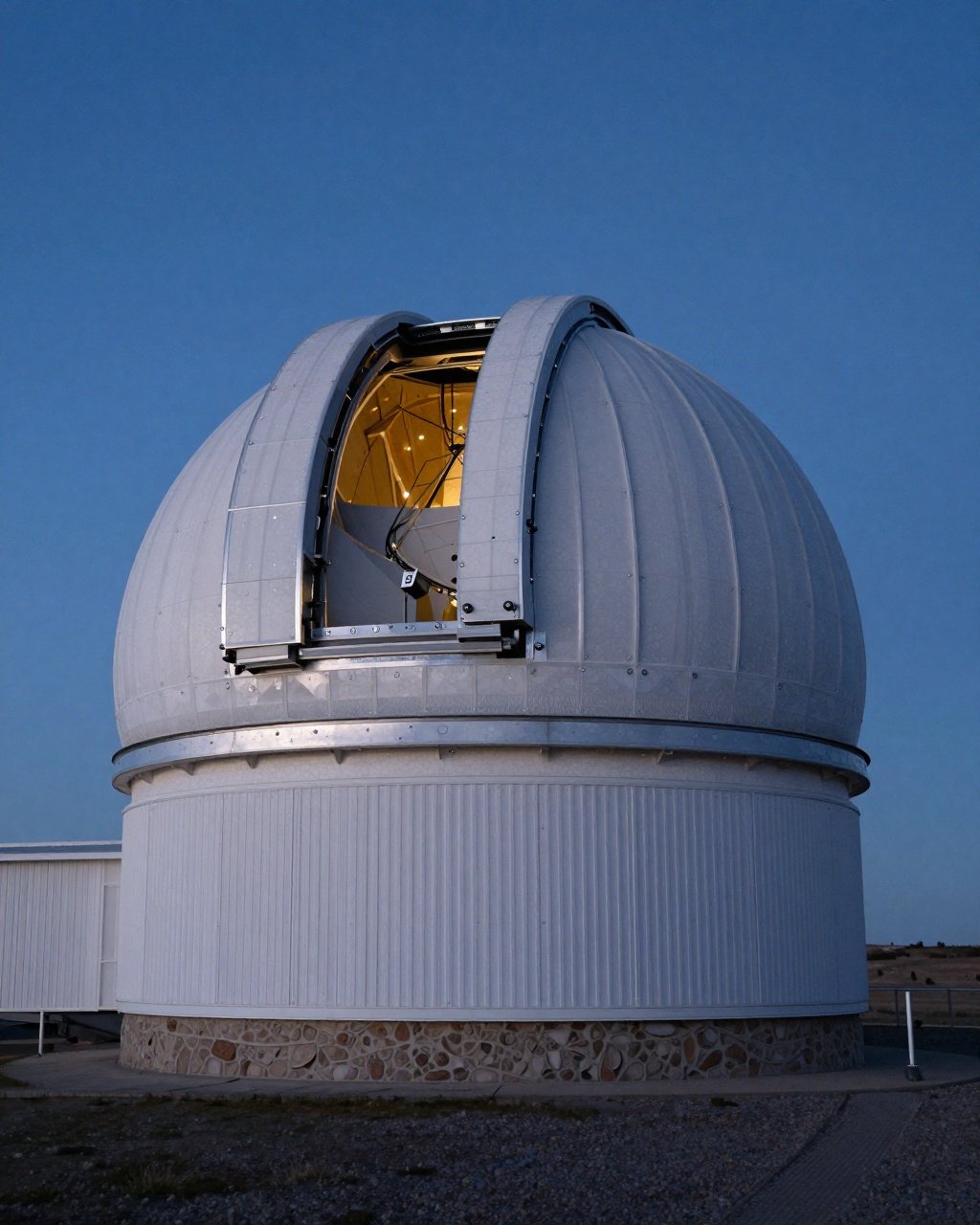 A white observatory dome opened to a blue evening sky