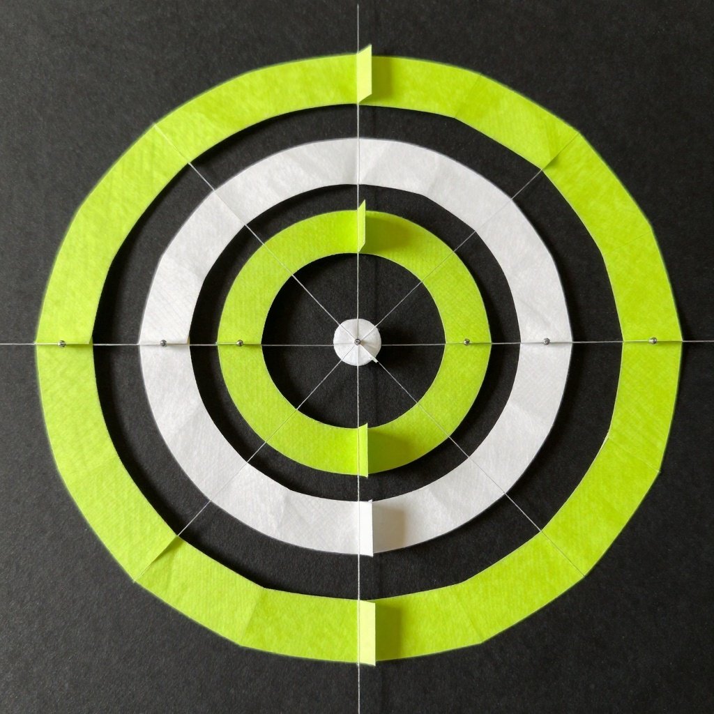 Concentric rings of lime, white, and black paper pinned on a dark field
