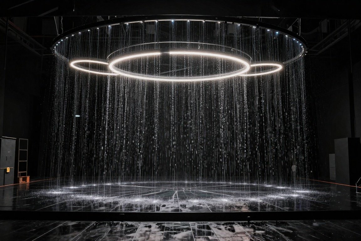Rings of light above a curtain of falling water in a dark room