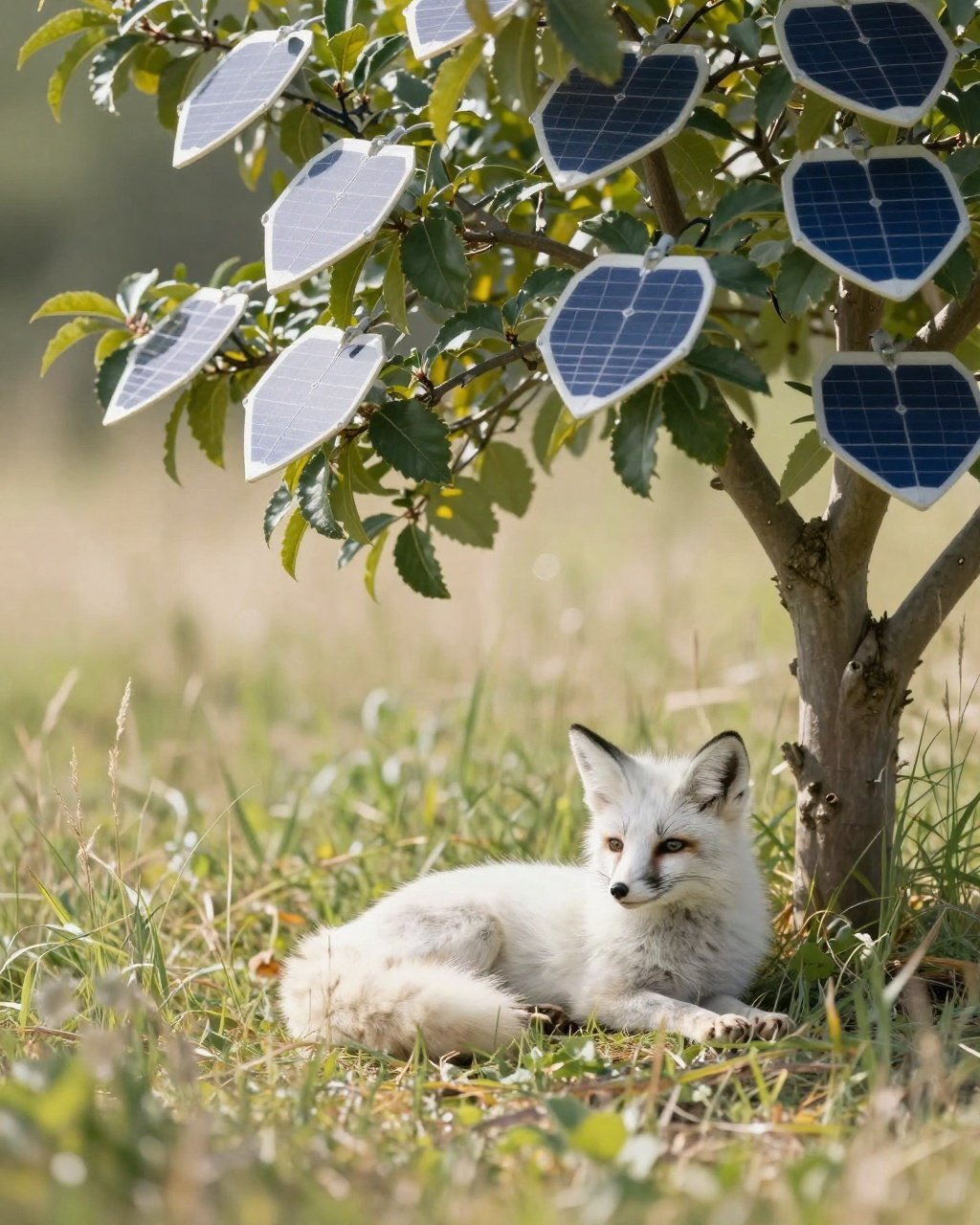 A white fox resting under a tree hung with small solar panels
