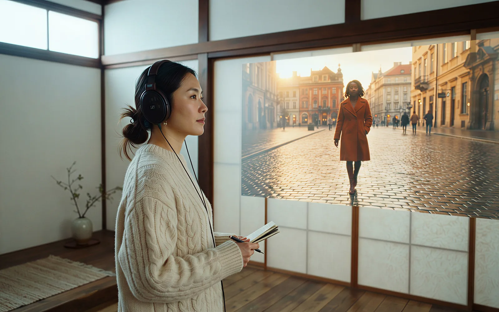 A producer listening to a FLUX 3 clip with native soundtrack in a bright paper studio
