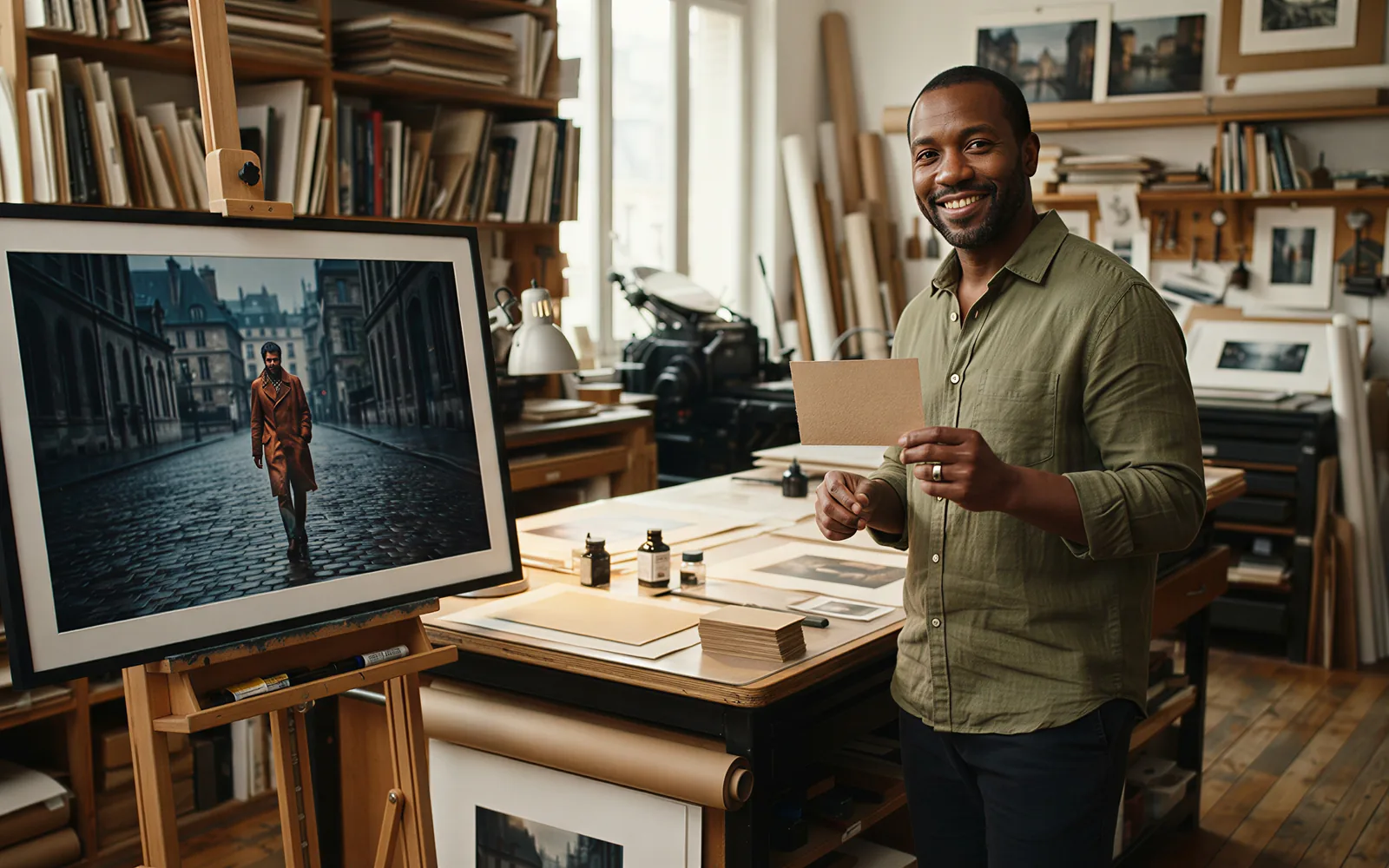 A producer holding a kraft card beside a printed FLUX 3 film still