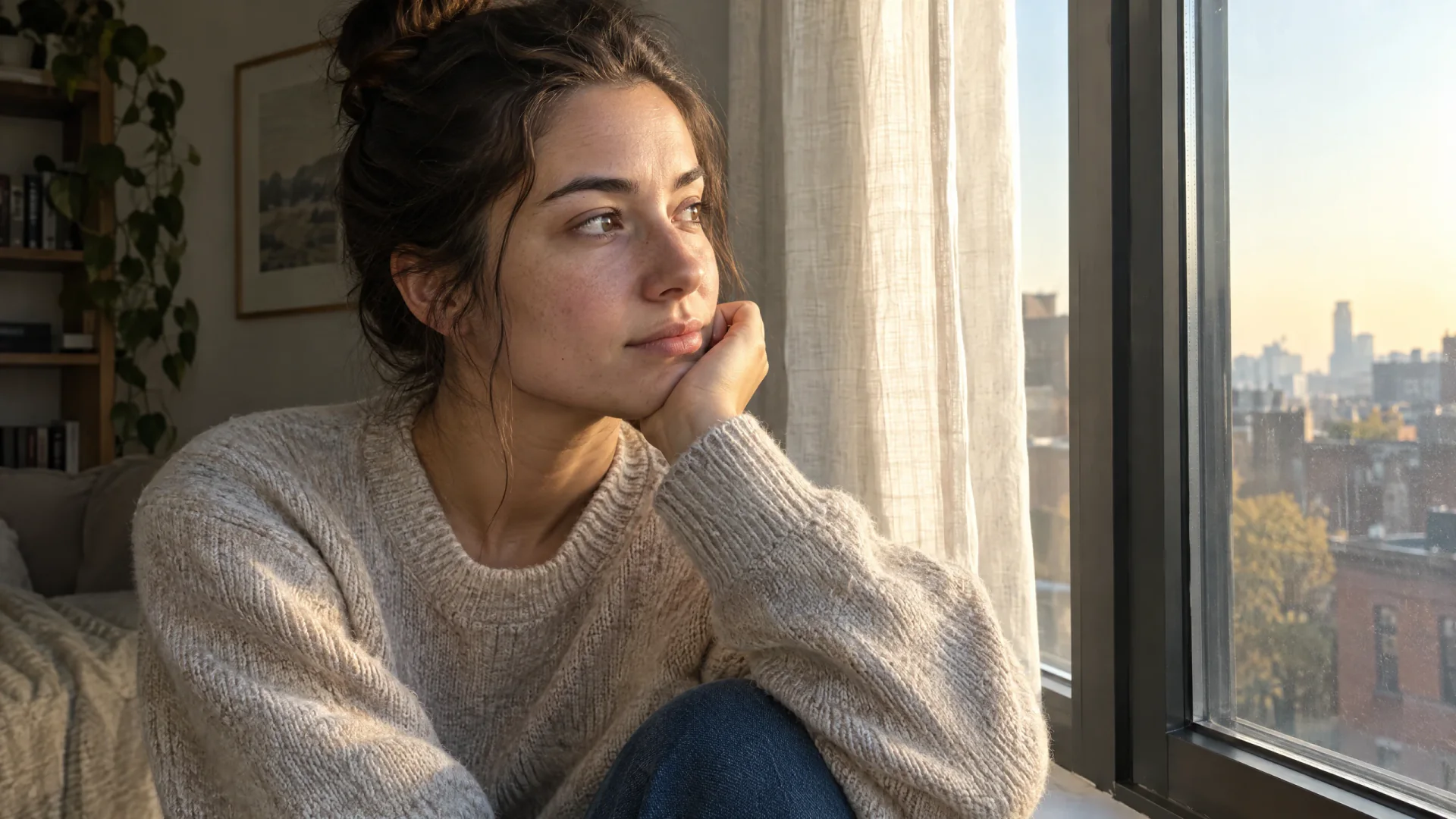 Window-lit GPT Image 2.5 portrait with visible knit texture and natural skin