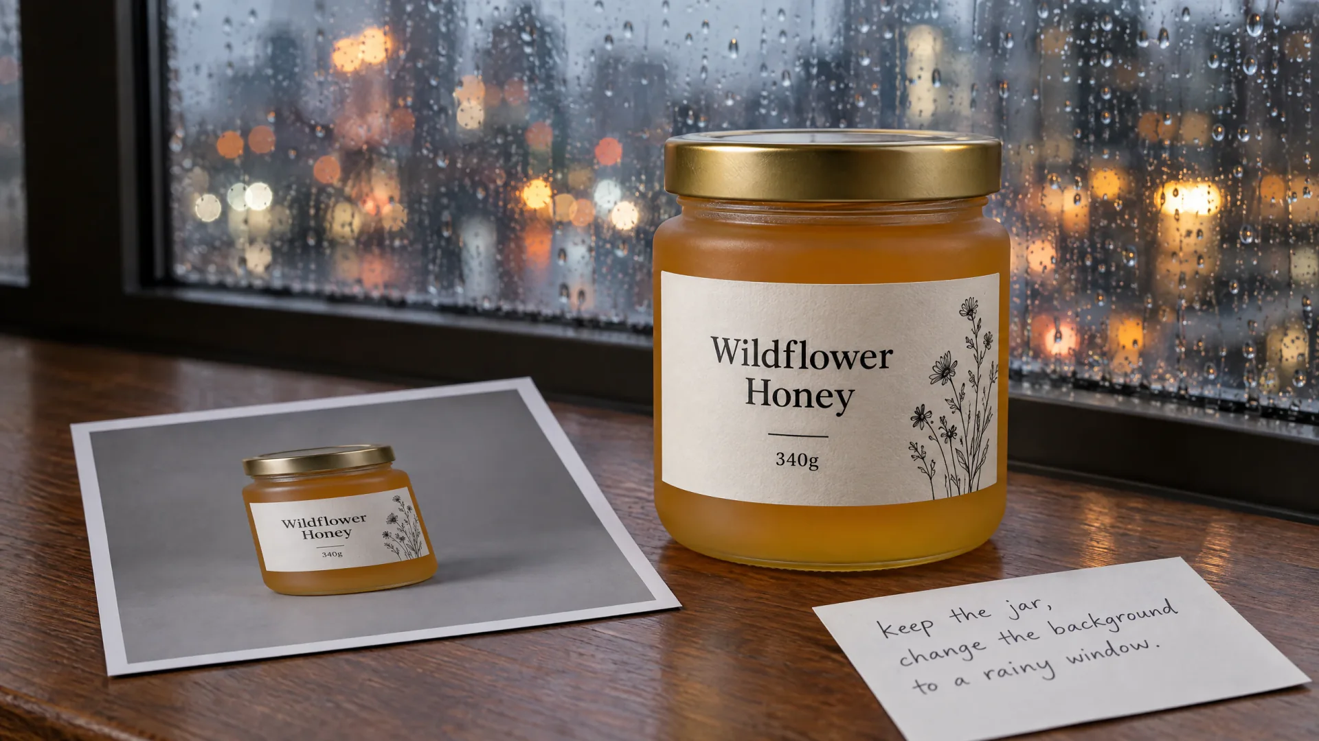 Honey jar held from a GPT Image 2.5 reference print against a rainy window