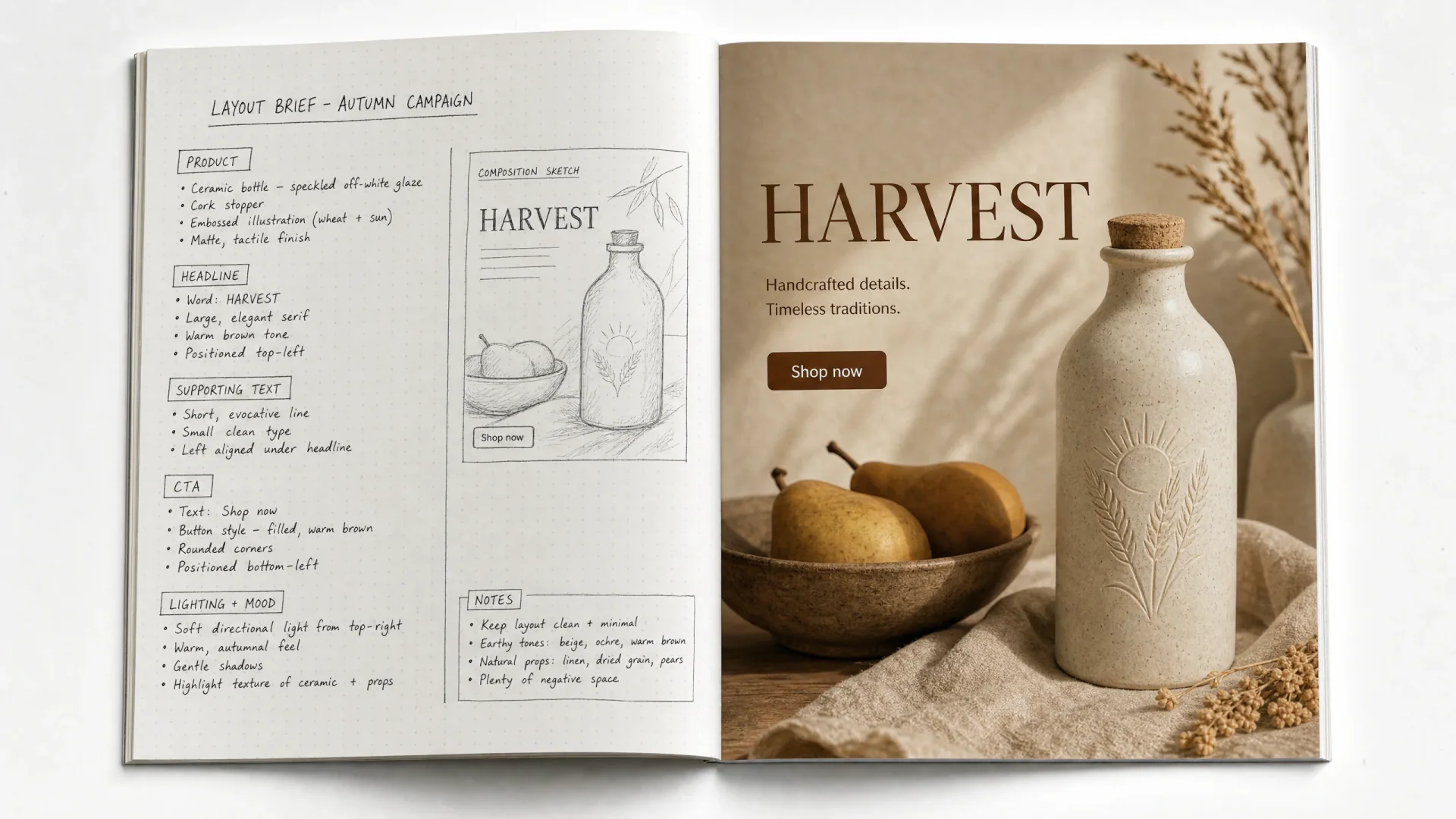 Magazine spread pairing a written layout brief with a finished still