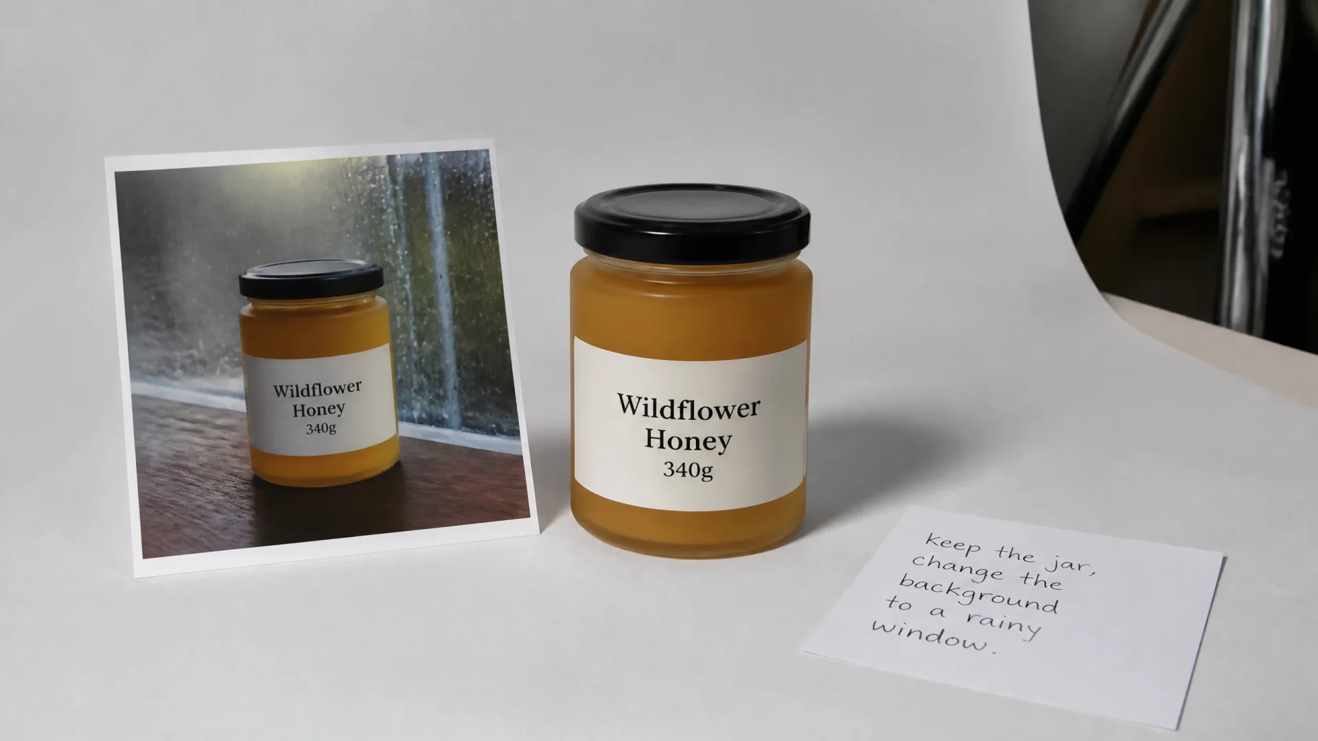 Honey jar product still beside one reference print for an instruction edit