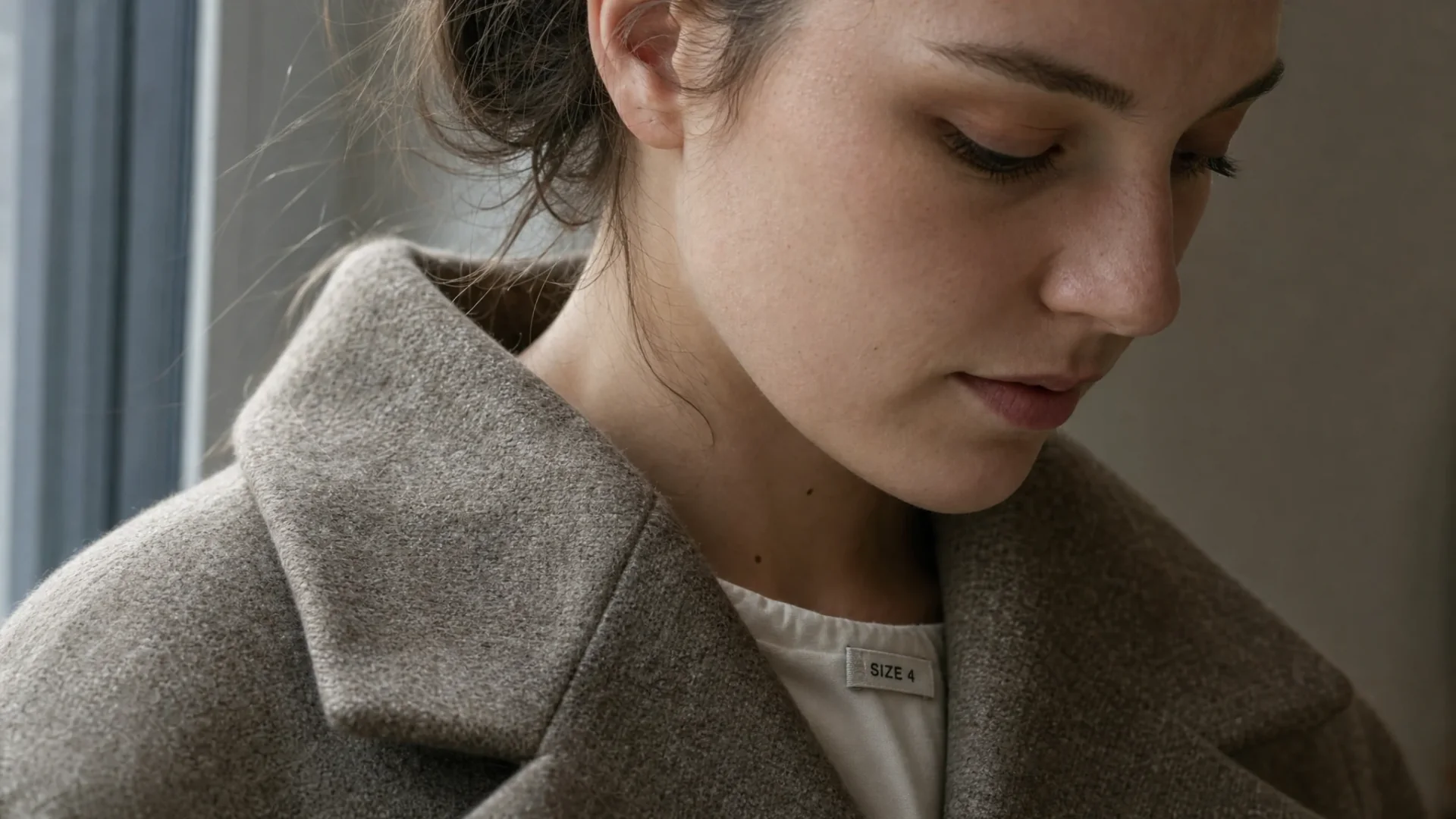Editorial portrait with fabric texture and a readable clothing size label