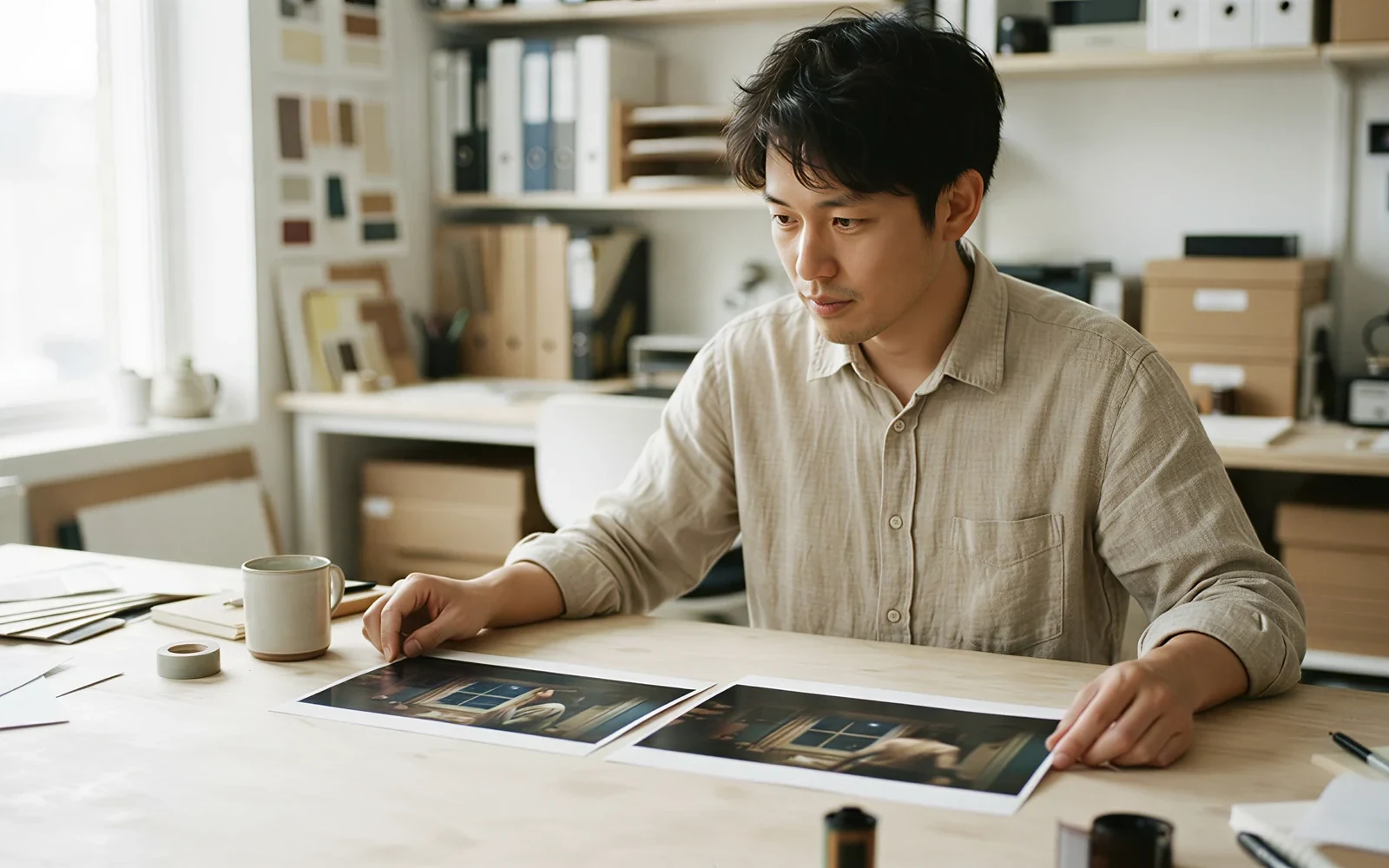 Two printed Grok Imagine Video stills compared on a paper desk