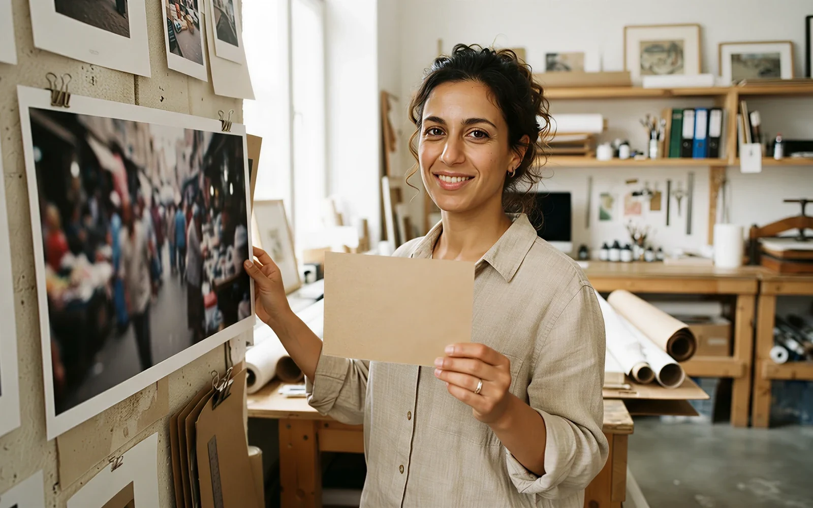 A producer holding a kraft card beside a printed Grok Imagine Video still
