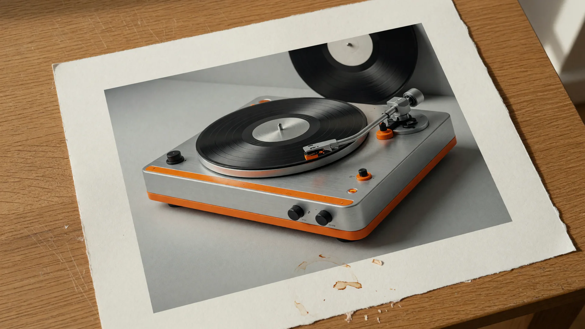 Printed Grok Imagine product still of a studio record player on a table