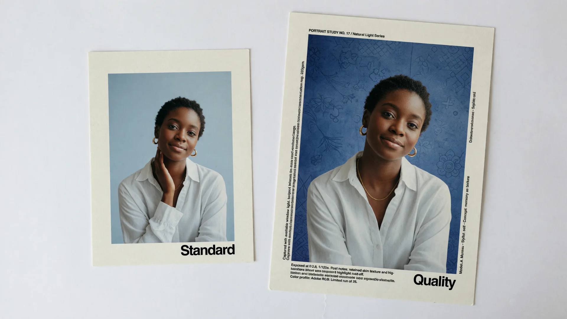 Two printed stills labeled Standard and Quality on a studio table