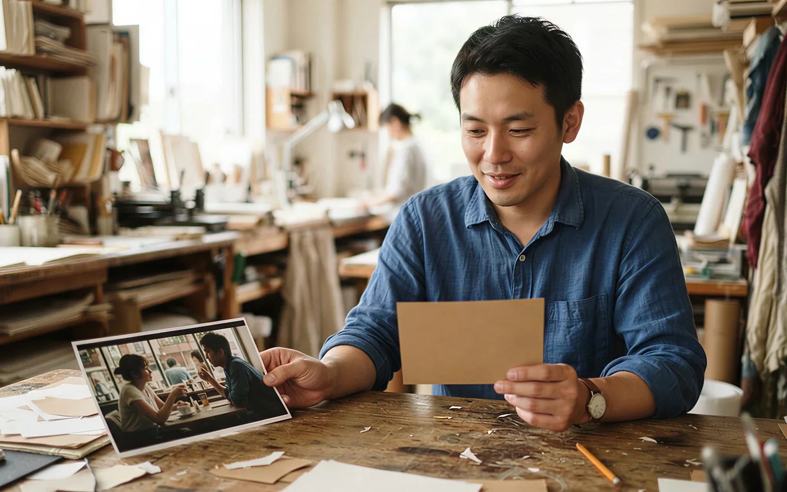 A producer holding a kraft card beside a printed Kling 3.0 film still