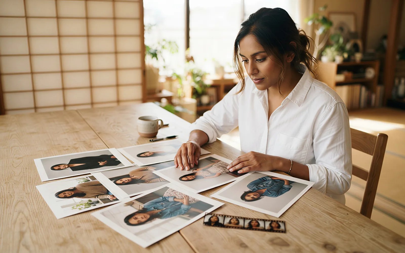 Printed identity stills laid out as Kling O3 Pro Omni references on a pale oak table
