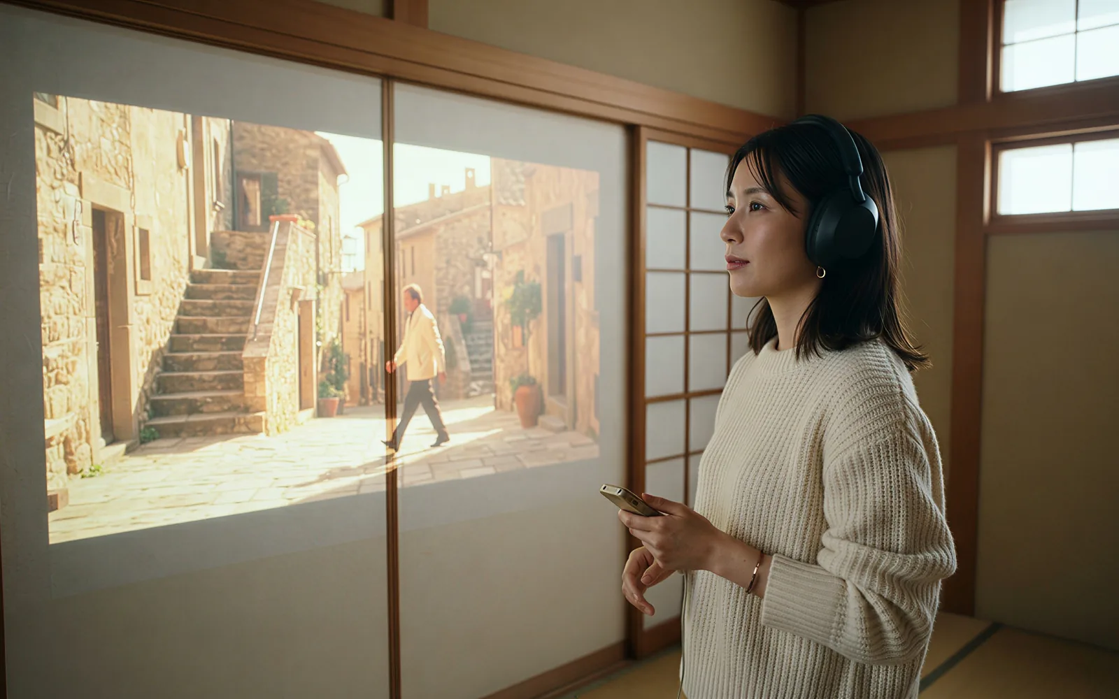 A producer listening to a Kling O3 Pro clip with native soundtrack in a bright paper studio