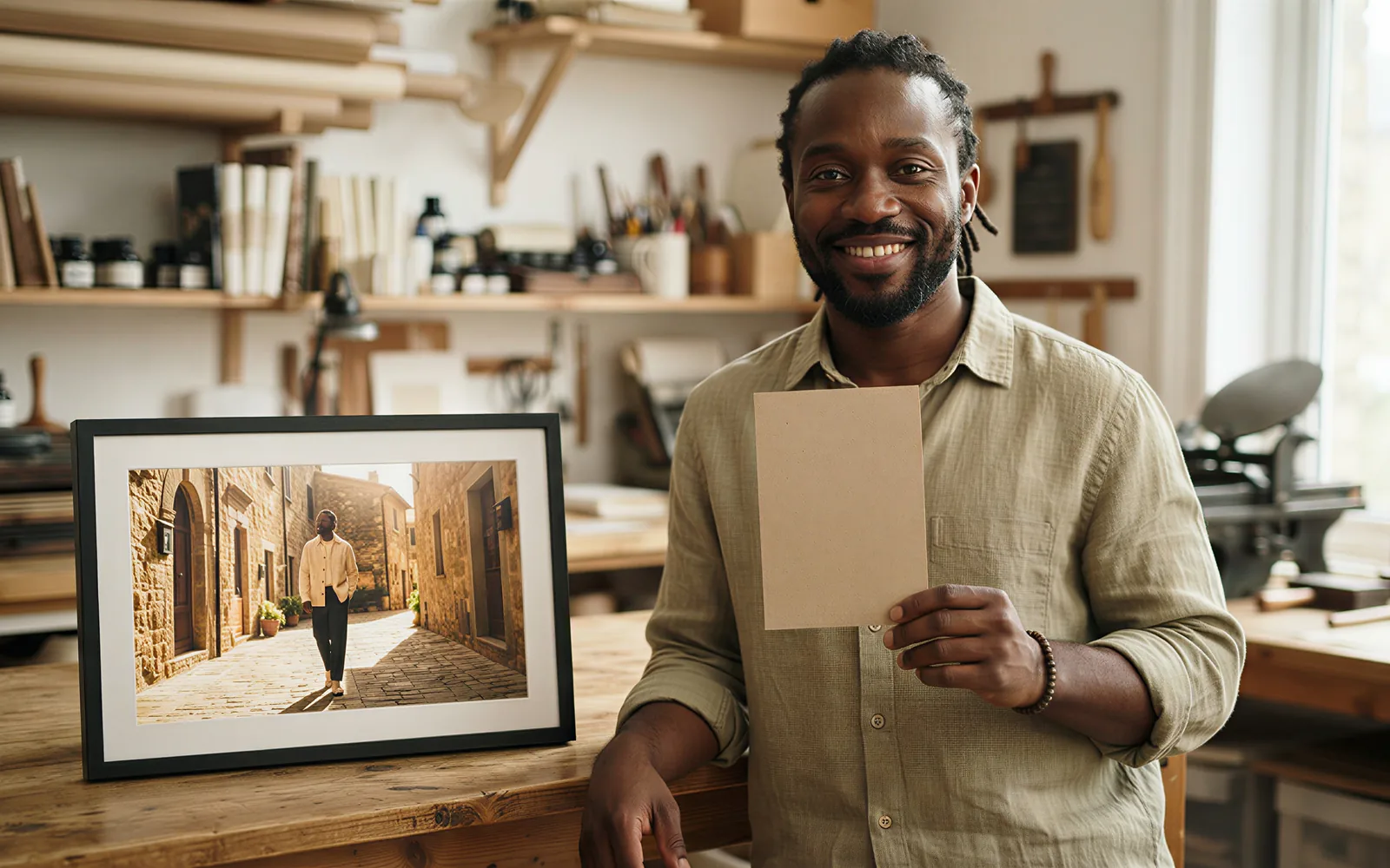 A producer holding a kraft card beside a printed Kling O3 Pro film still