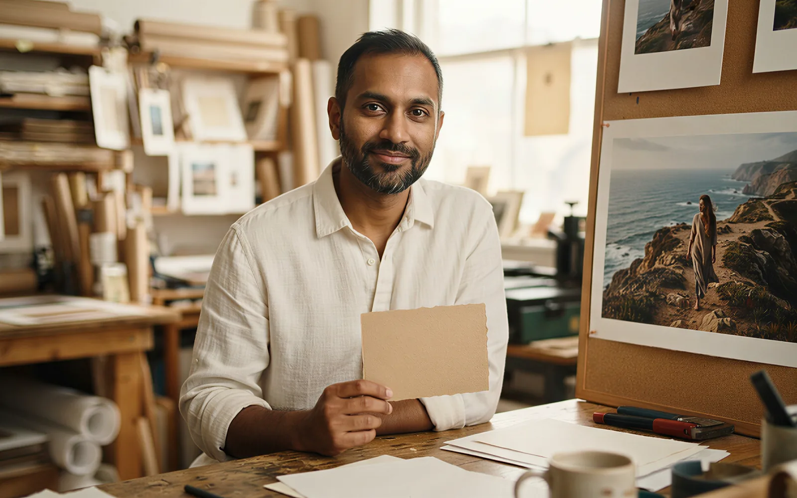 A producer holding a kraft card beside a printed MiniMax H3 film still