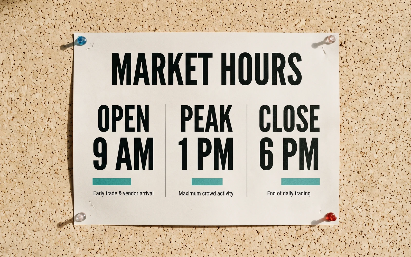 Printed MARKET HOURS infographic with readable weekday times, generated with Nano Banana 2.1