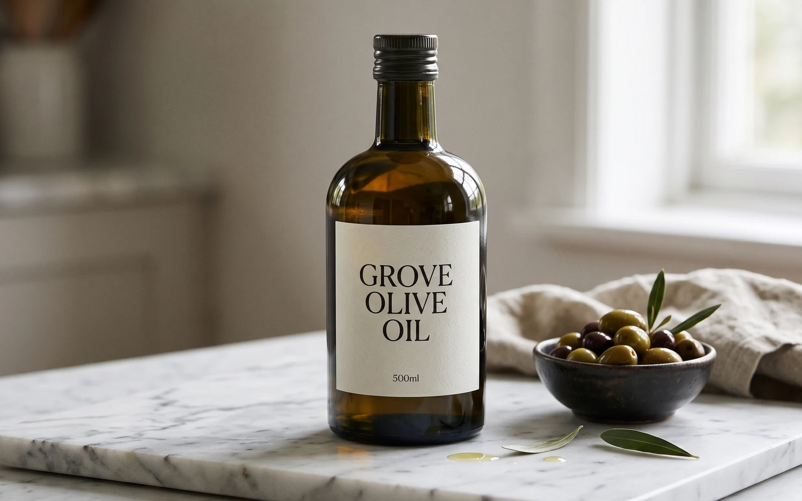 GROVE extra virgin olive oil bottle with a sharp label and photoreal glass, generated with Nano Banana 2.1
