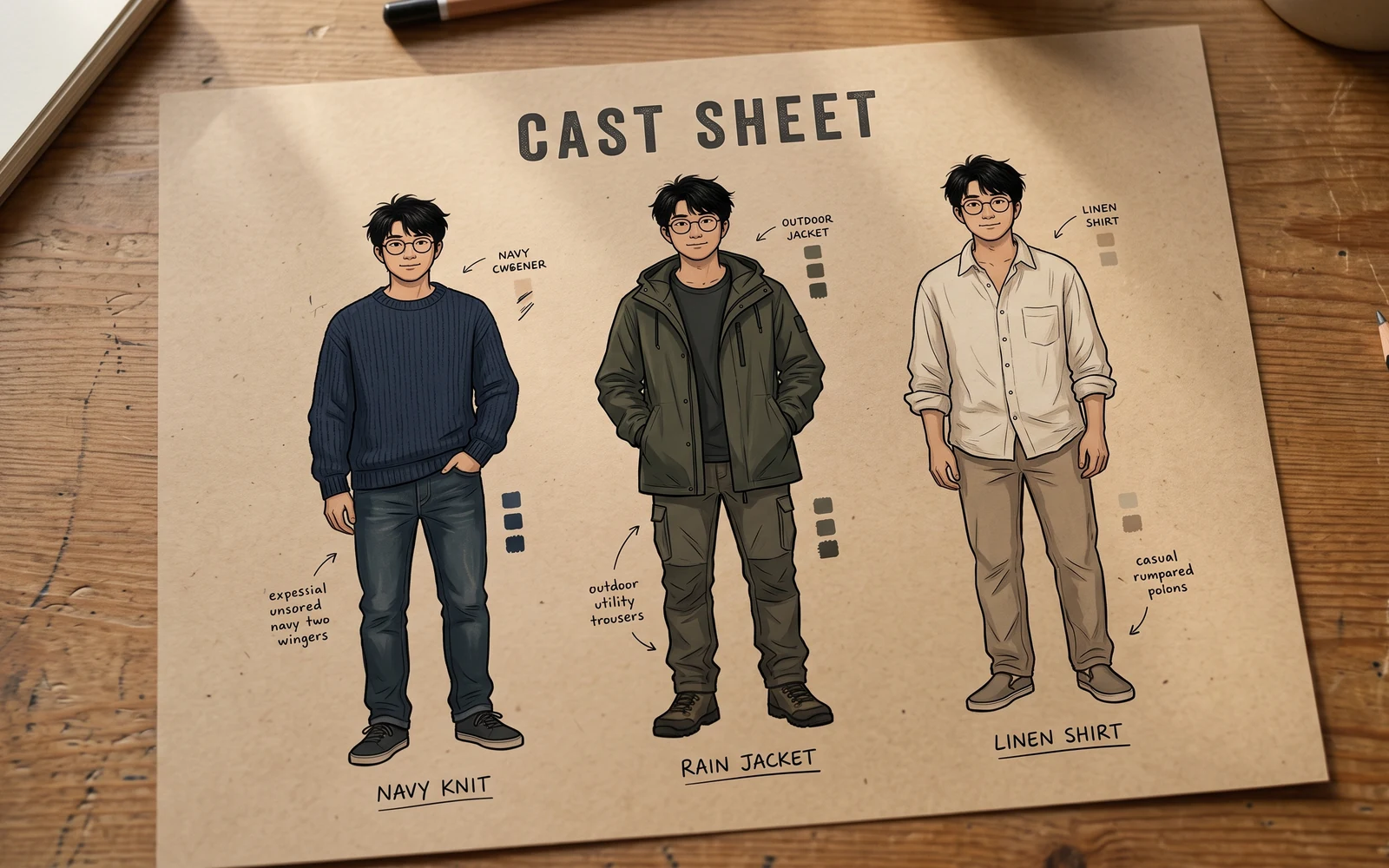 CAST SHEET still of the same man in three outfits, generated with Nano Banana 2.1