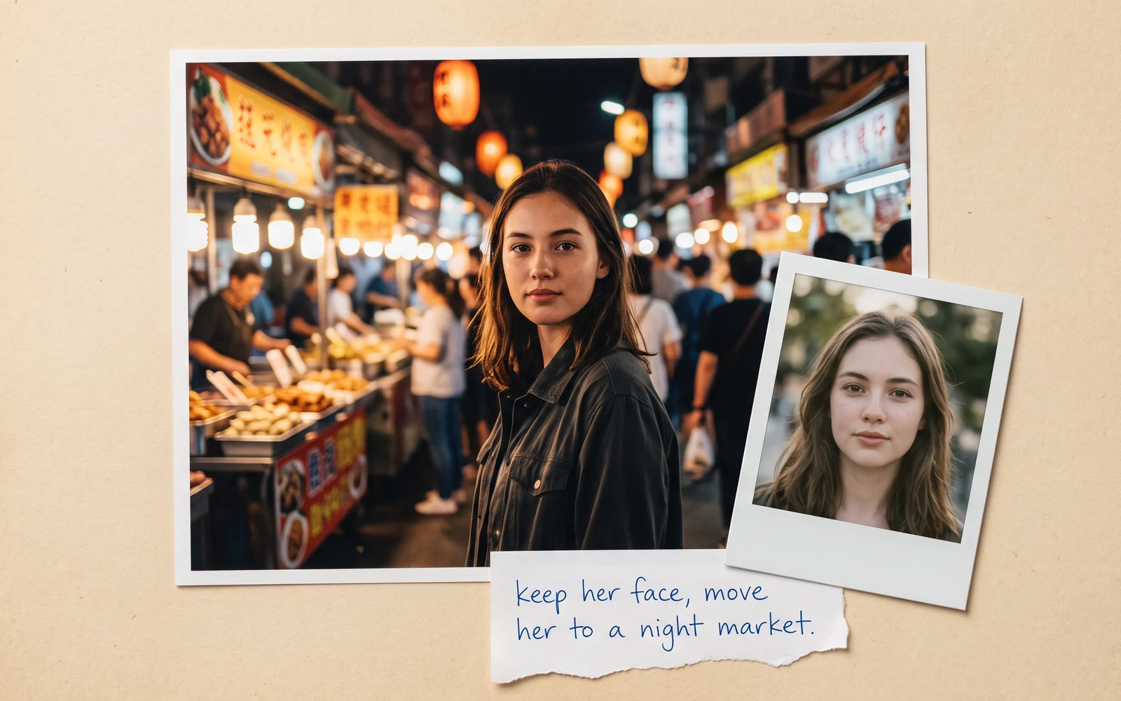Portrait plus polaroid instruction to keep her face at a night market, generated with Nano Banana 2.1