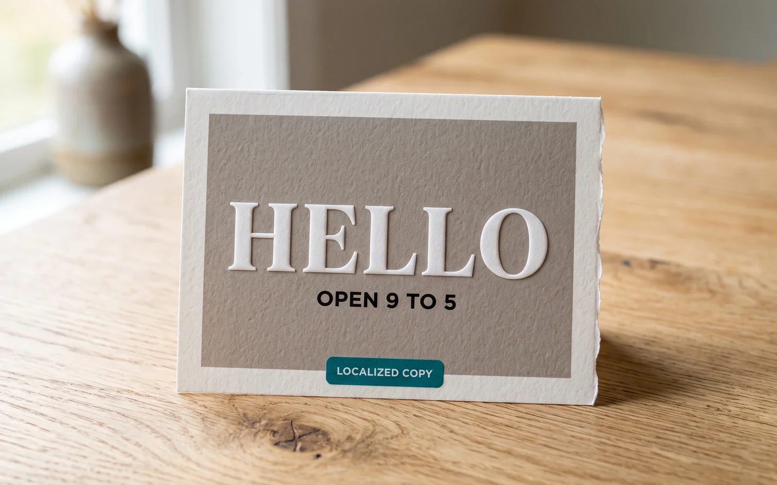Printed Nano Banana 2 greeting card with readable HELLO type on a table