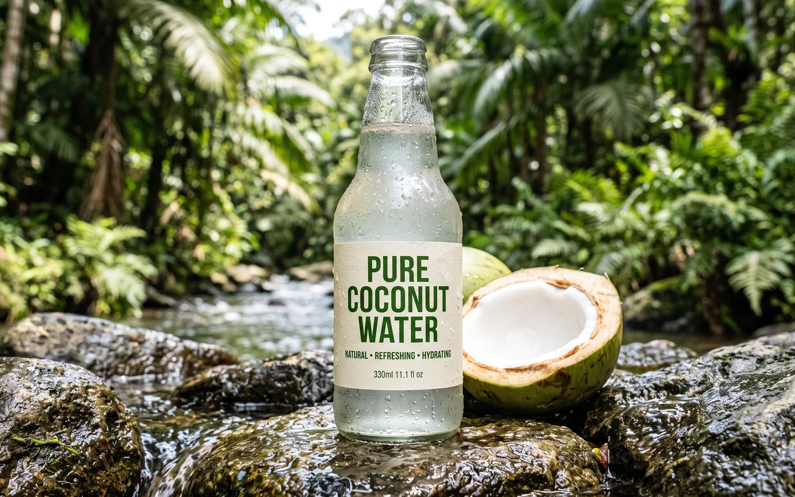 Photoreal coconut water bottle with condensation and readable label type