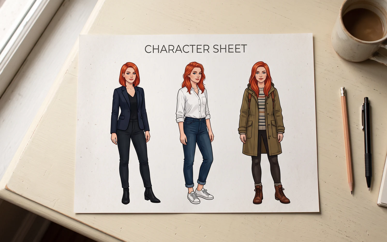 Printed Nano Banana 2 character sheet with the same face in three outfits
