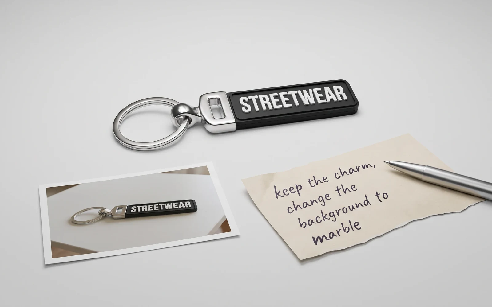 Keychain beside one reference print for a Nano Banana Pro instruction edit