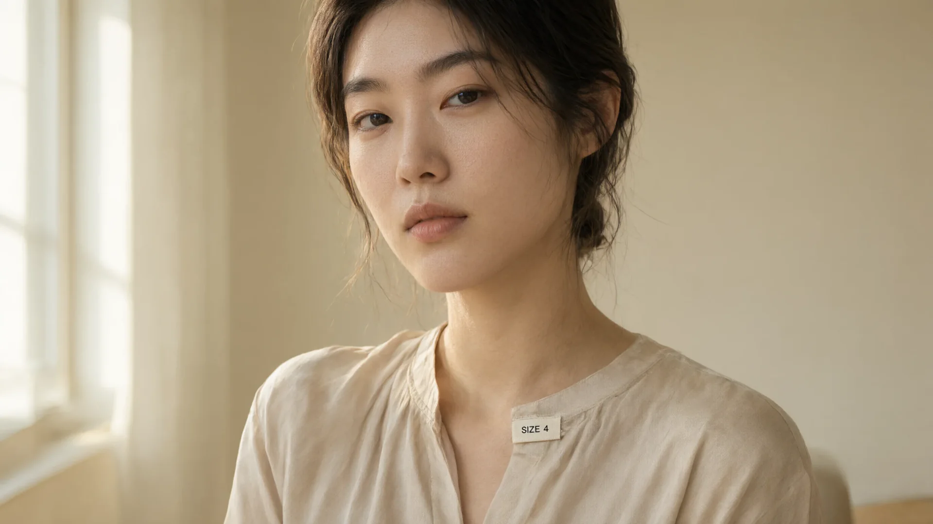Editorial portrait with fabric texture and a readable clothing size label