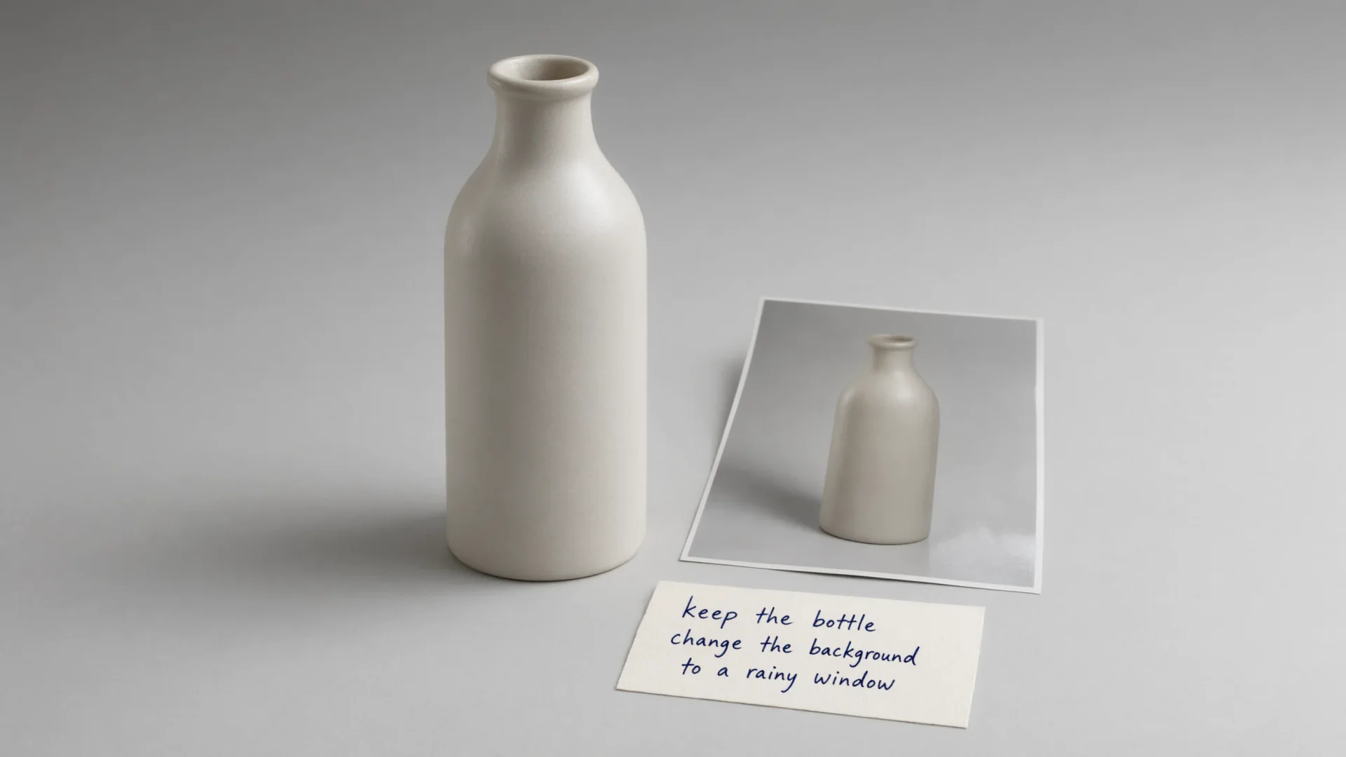 Product bottle beside one reference print for a Qwen Image 3.0 instruction edit
