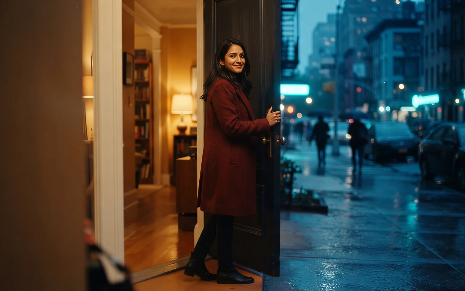 A woman in an oxblood coat at a warm doorway with a cool rain street behind her