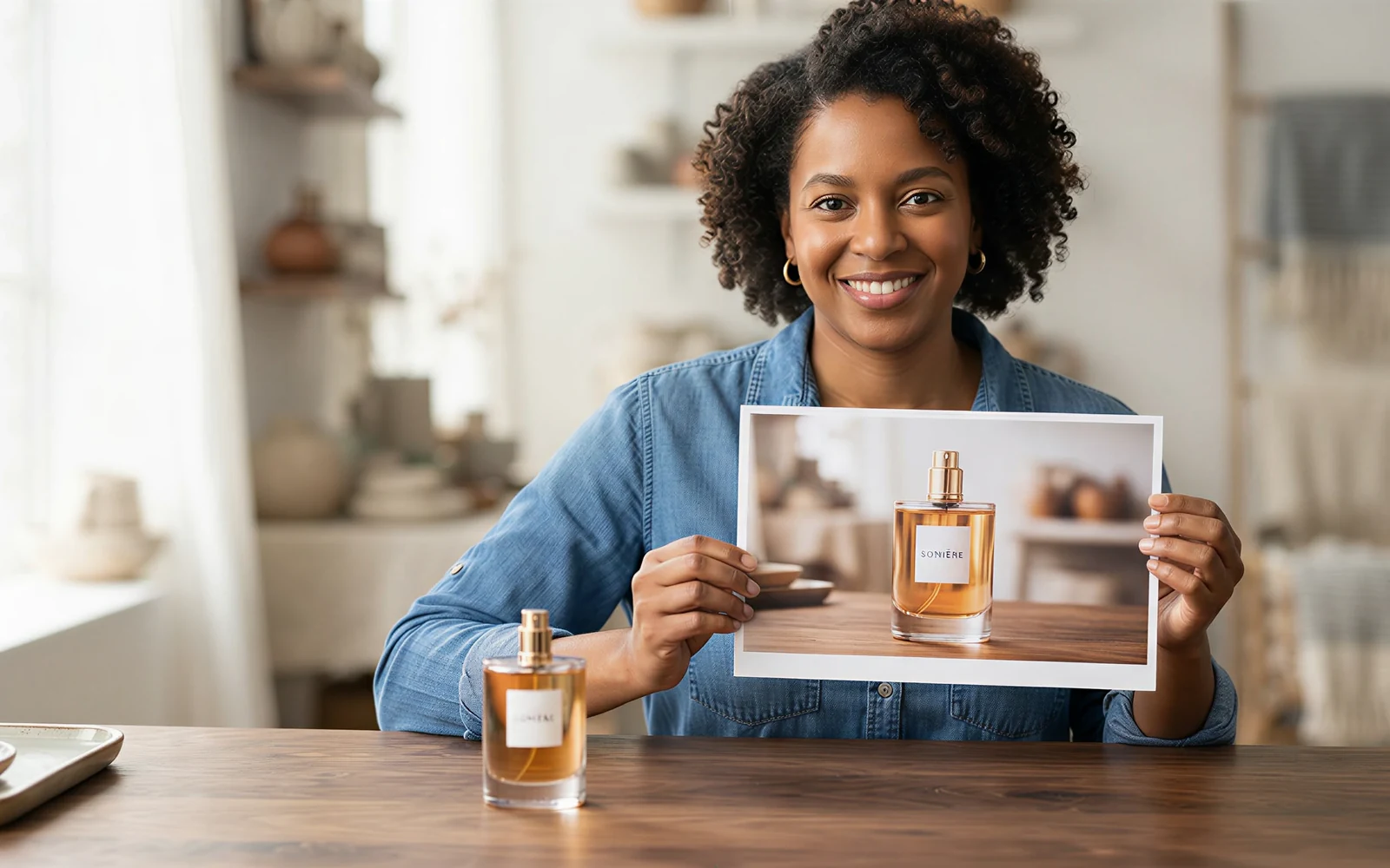A photographer holding a printed still that matches the perfume bottle on the table