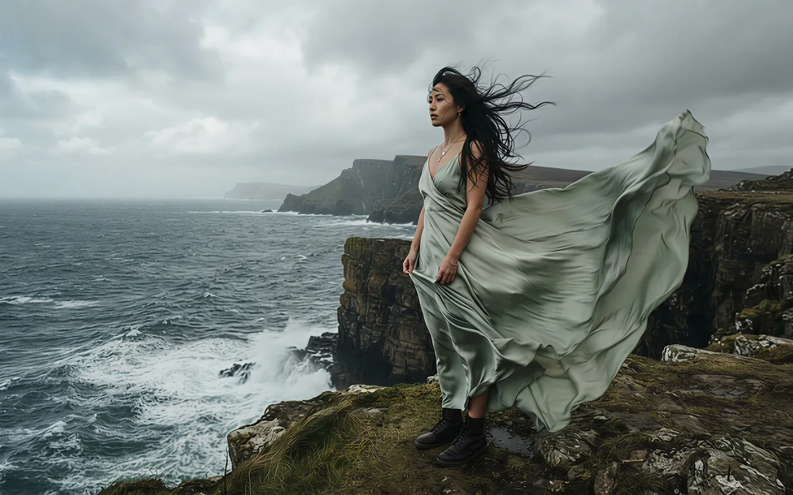 A silk dress and hair caught mid-motion on a windy coastal cliff