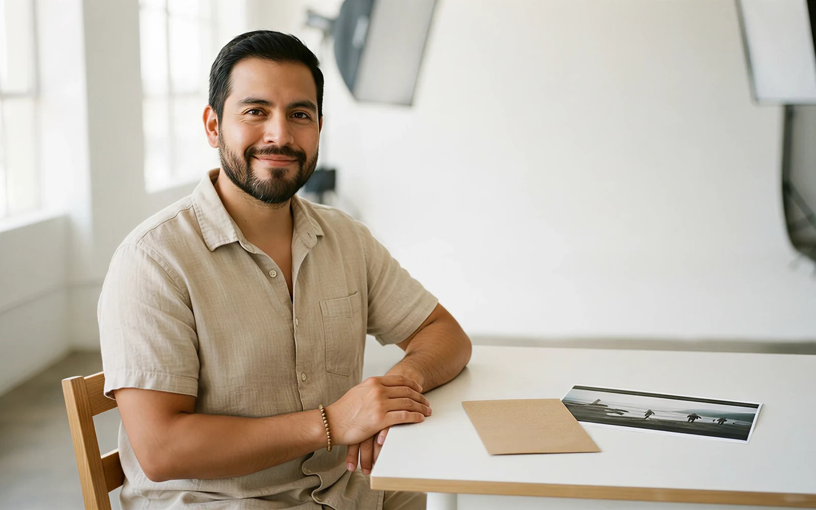 A producer with a blank kraft card beside a printed 16:9 film still