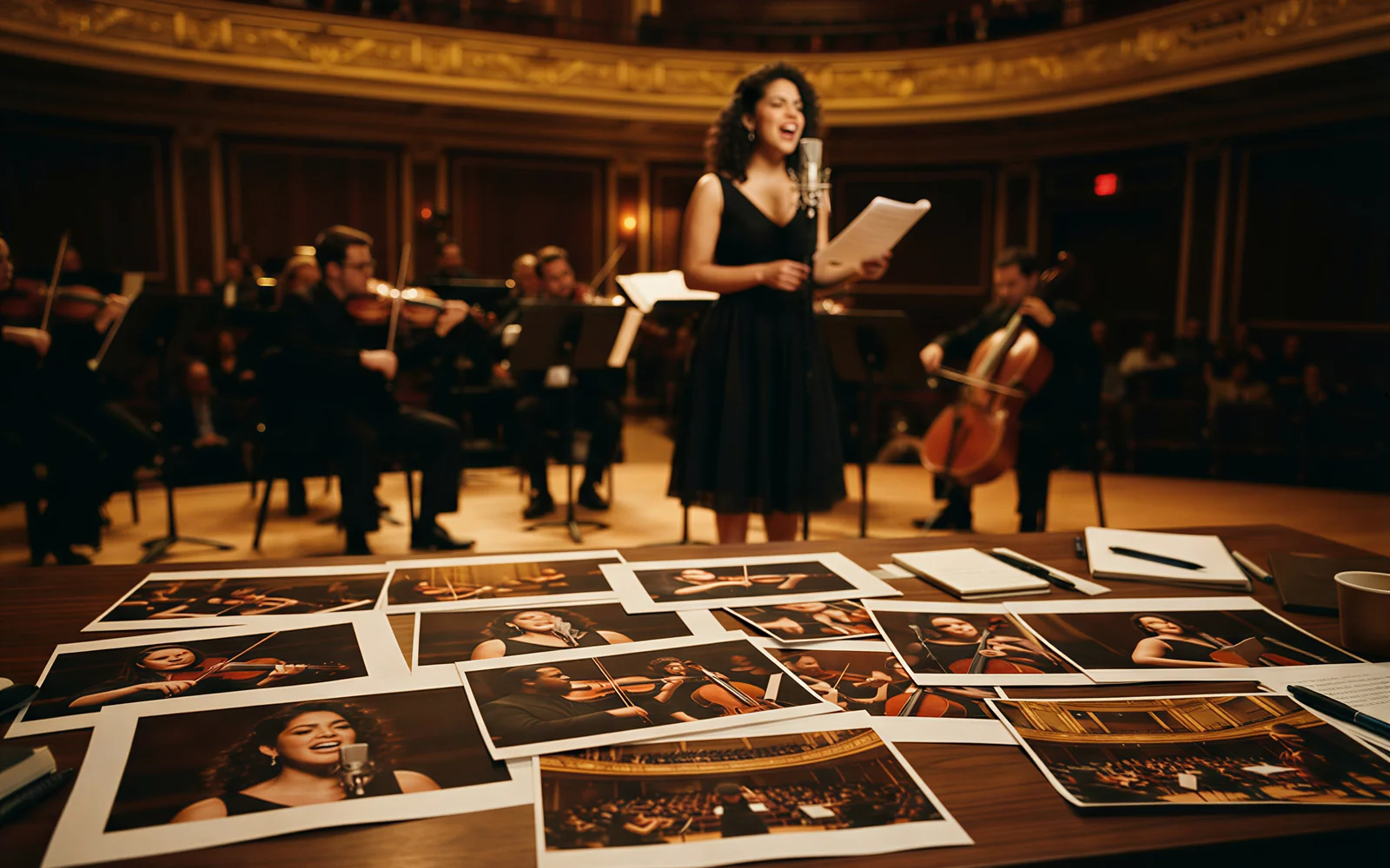 Printed concert stills on a table in front of a Seedance 2.5 singer scene