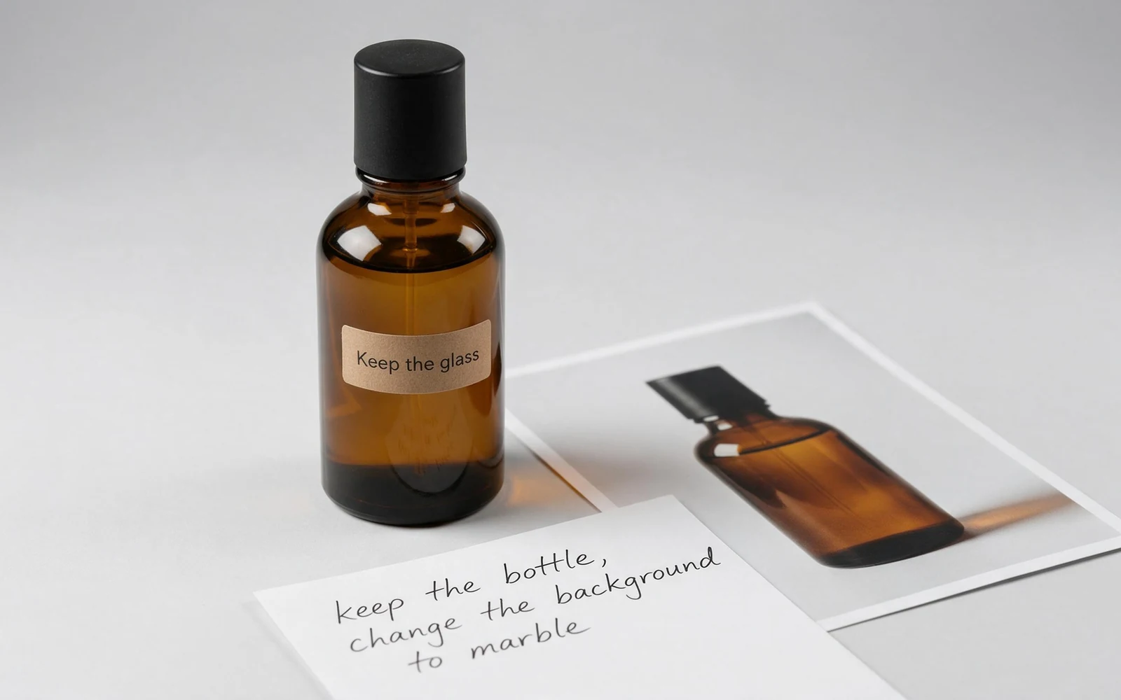 Perfume bottle beside one reference print for a Seedream 5.0 Pro instruction edit