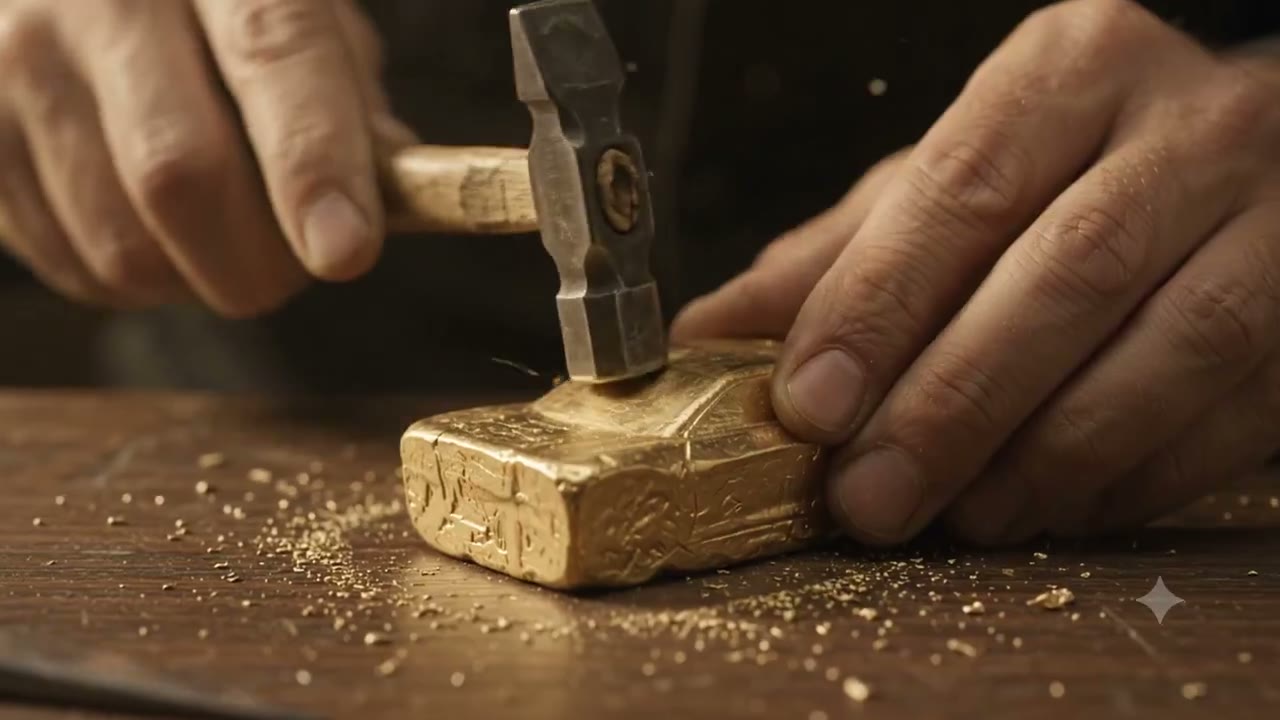 Hands shaping a small gold product on a workbench
