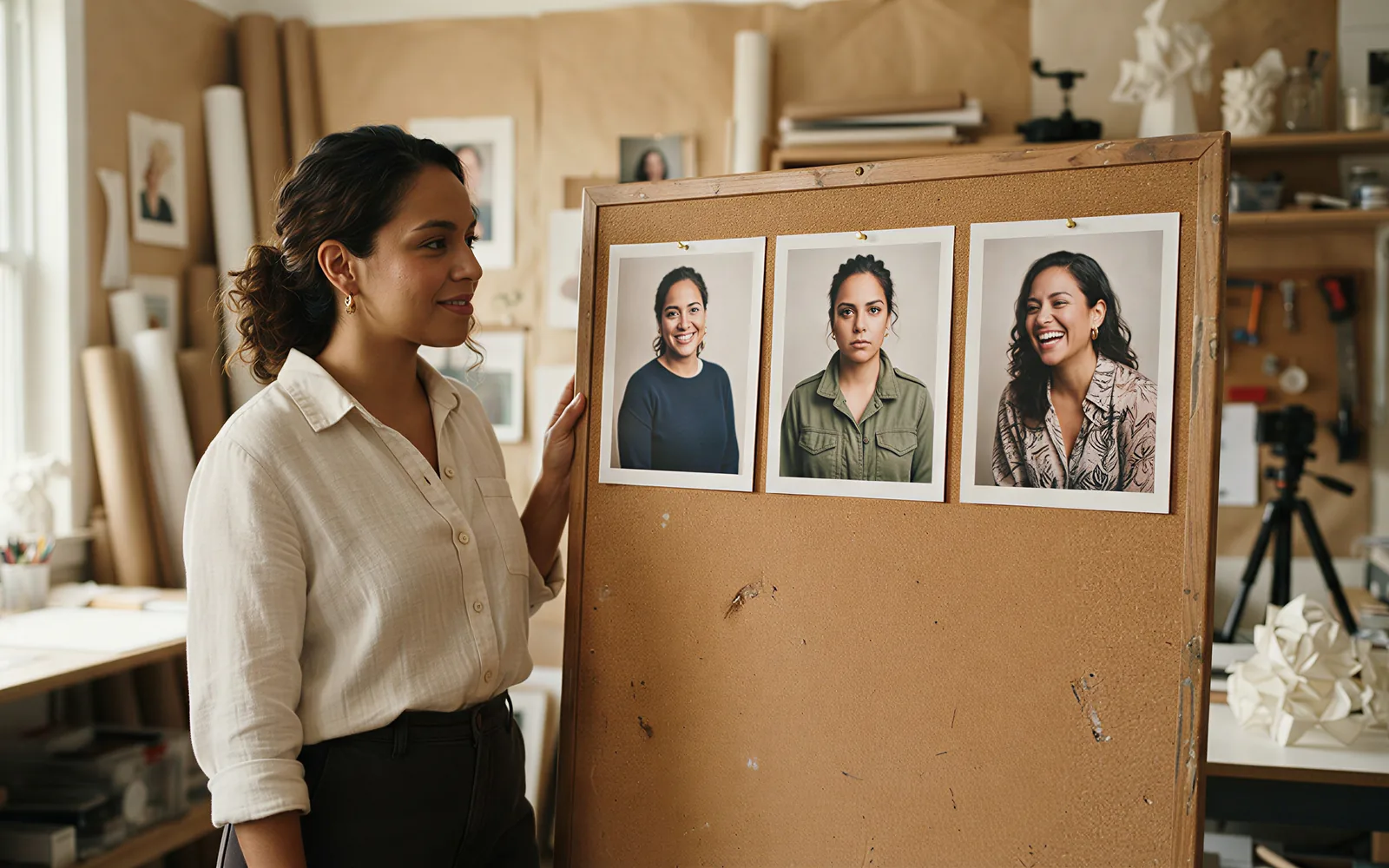 Three printed character stills used as Veo 3.1 ingredients-to-video refs