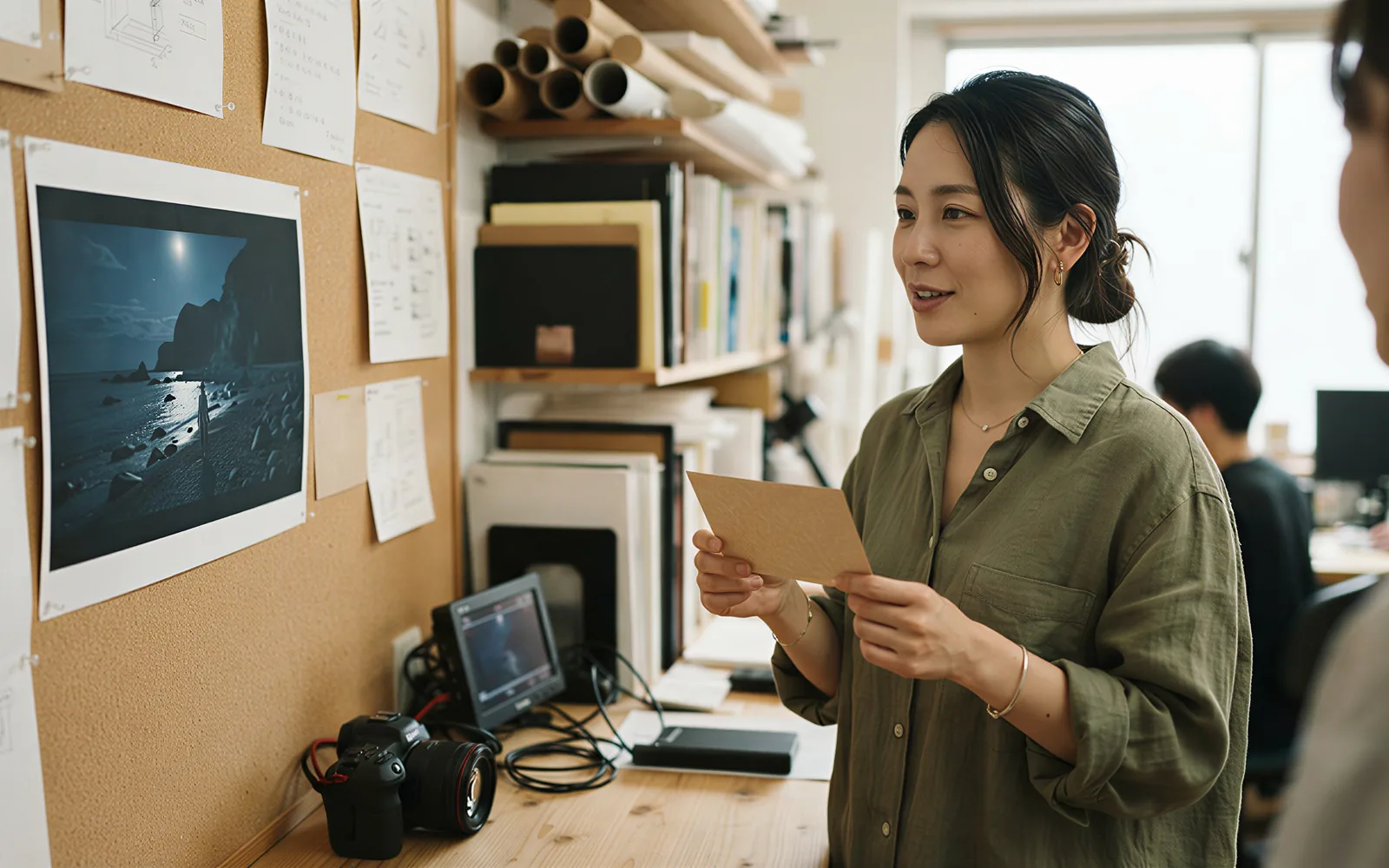 A producer holding a kraft card beside a printed Veo 3.1 film still