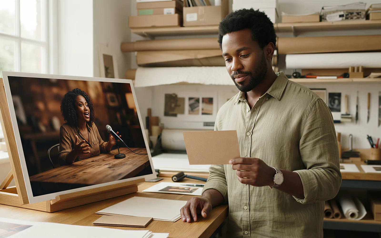 A producer holding a kraft card beside a printed Vidu Q3 film still