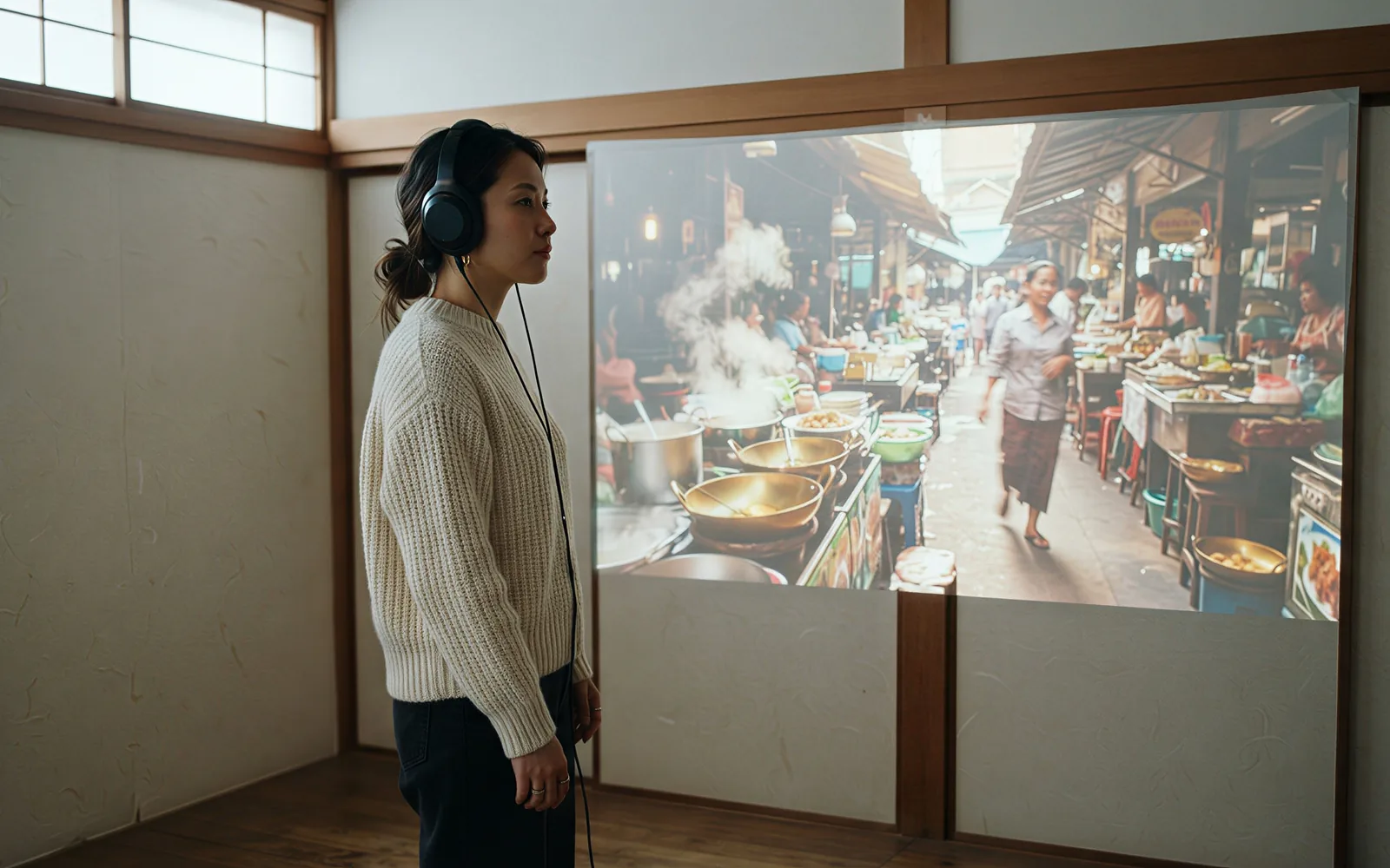 A producer listening to a Wan 2.7 clip with native soundtrack in a bright paper studio