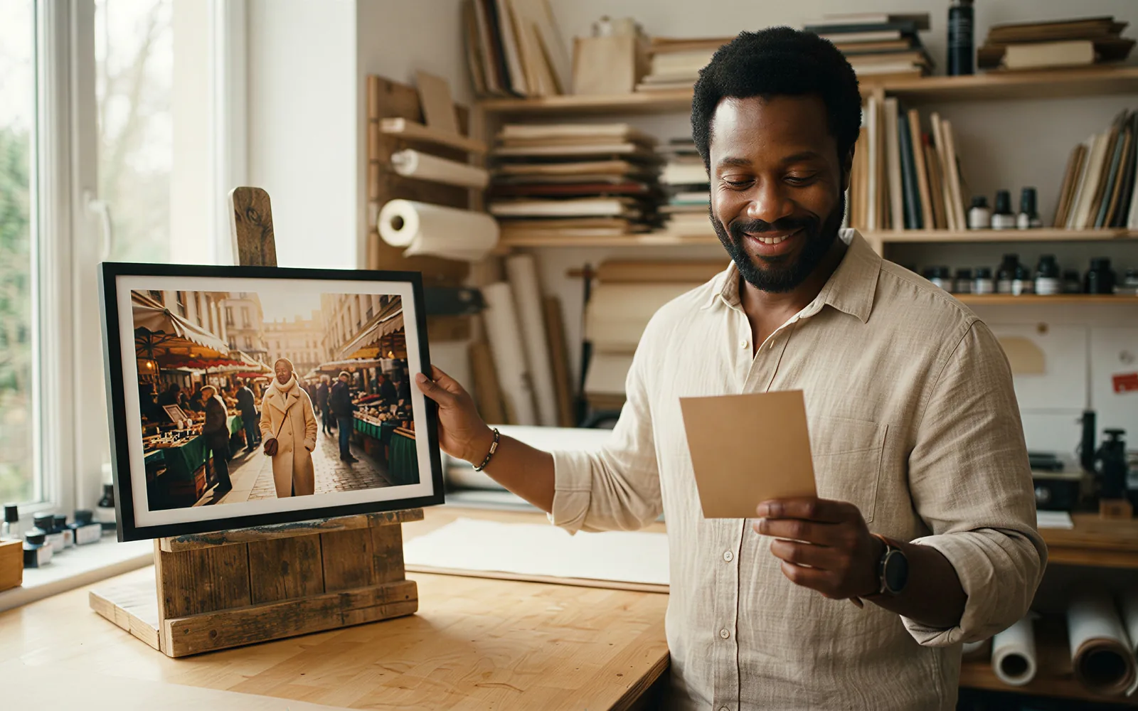 A producer holding a kraft card beside a printed Wan 2.7 film still