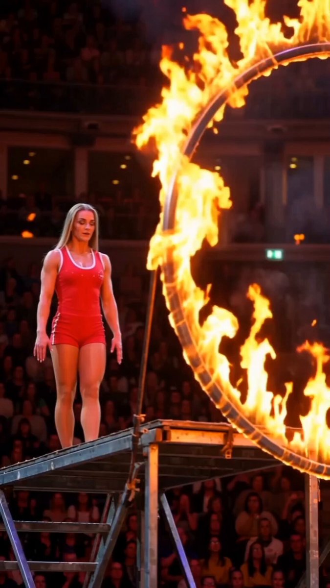A performer on a platform beside a ring of fire in an arena