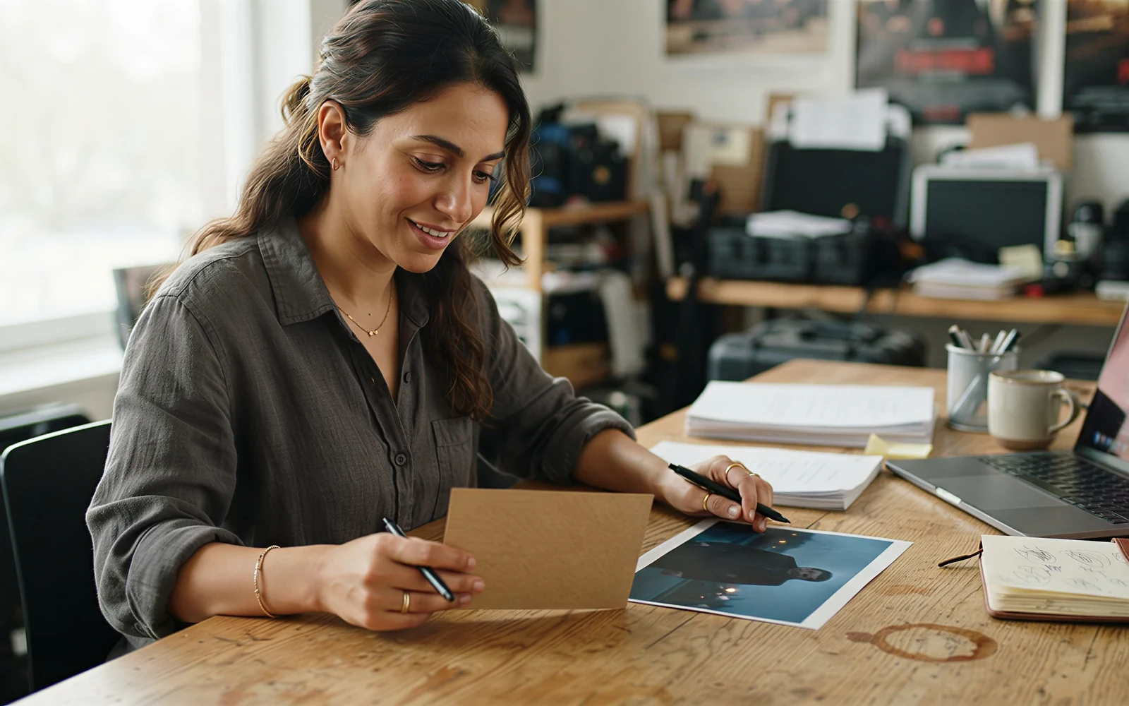A producer holding a kraft card beside a printed Wan 3.0 film still